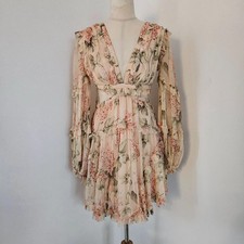 Zimmermann Pink Floral Cut Out Silk Dress Size XS/0 Drawstring Back