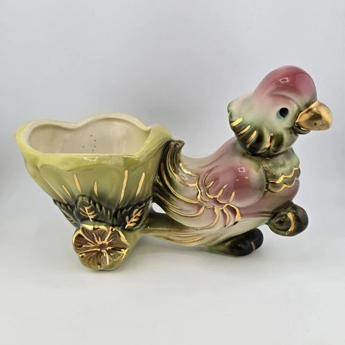 Hull Pottery No 60 Planter Parrot Flower Cart 6" Pink Green w Gold Trim USA Vtg