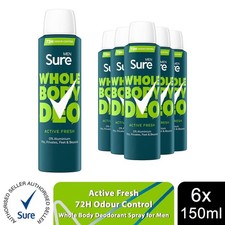 Sure Men Whole Body Deodorant Spray Active Fresh w/ 72H Odour Control 150ml, 6pk
