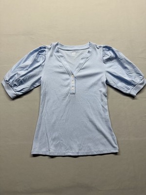 Gap Ribbed Henley Puff Sleeve Top, Size S, Blue.
