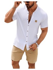 Men's Casual Tracksuit Button Down Shirt and Drawstring Waist Short Sets Summ...