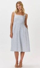 Quince 100% European Linen Fit Flare Midi Dress Blue Pinstripes Size: L NWT