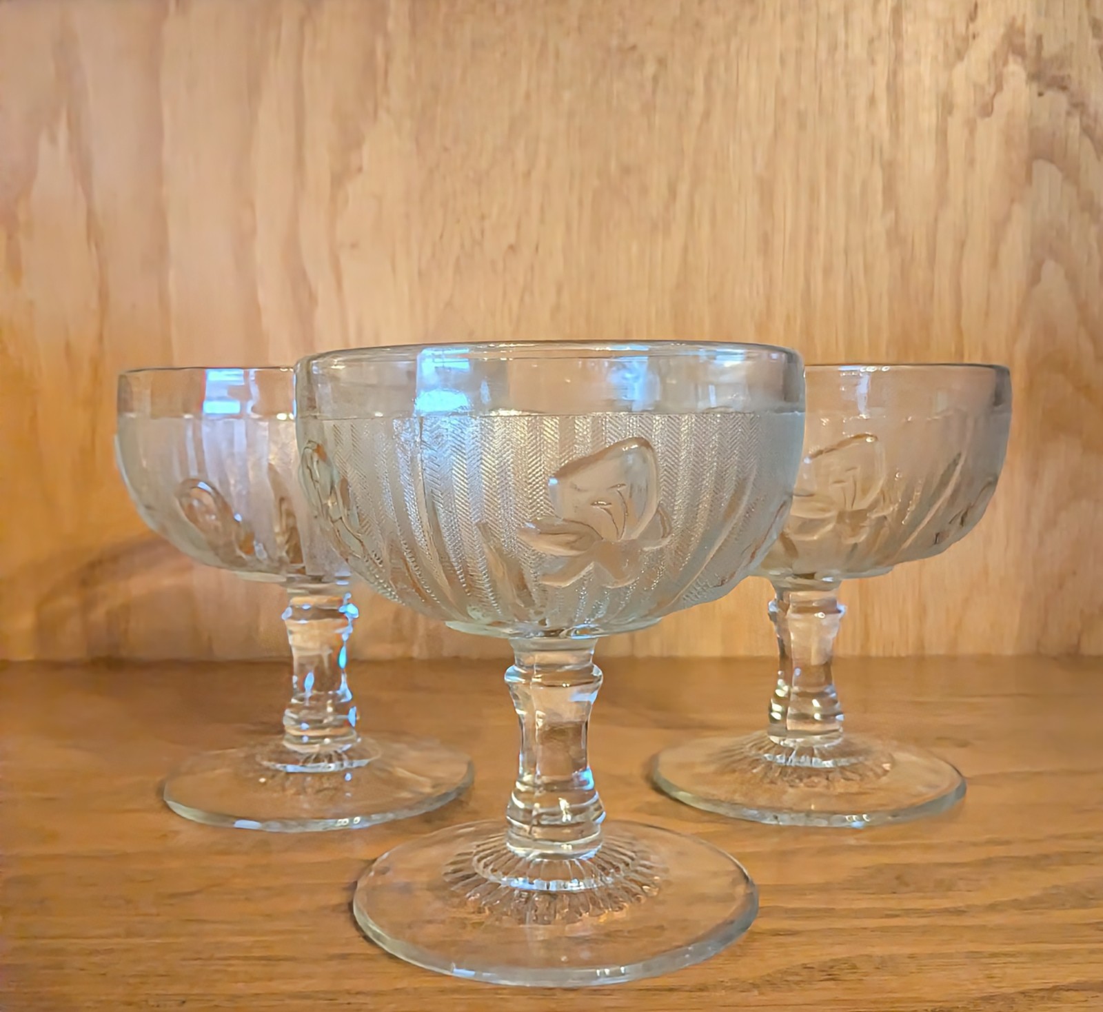 Vintage Iris Frosted Etched Set of 3 Sherbet Glasses Clear Glass Glossy Finish