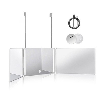 3 Way 360 Trifold Mirror with LED, Height Adjustable Telescoping Hooks,and 5X...