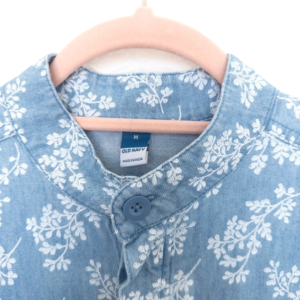 Old Navy Womens Denim Jumpsuit Sz M Blue Floral Long Sleeve Boho Cottage Utility - Image 3 of 4