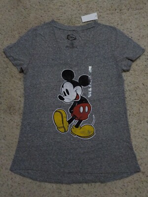 Junior Disney Mickey Mouse T-Shirt, Gray Heather Poly V-Neck, Large,  New
