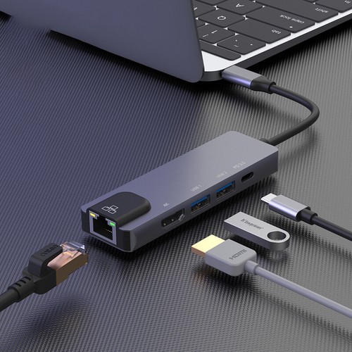 5 in 1 USB C Hub Multiport Adapter Type-C Hub with Ethernet HDMI USB PD Ports - 第 2/5 張圖片