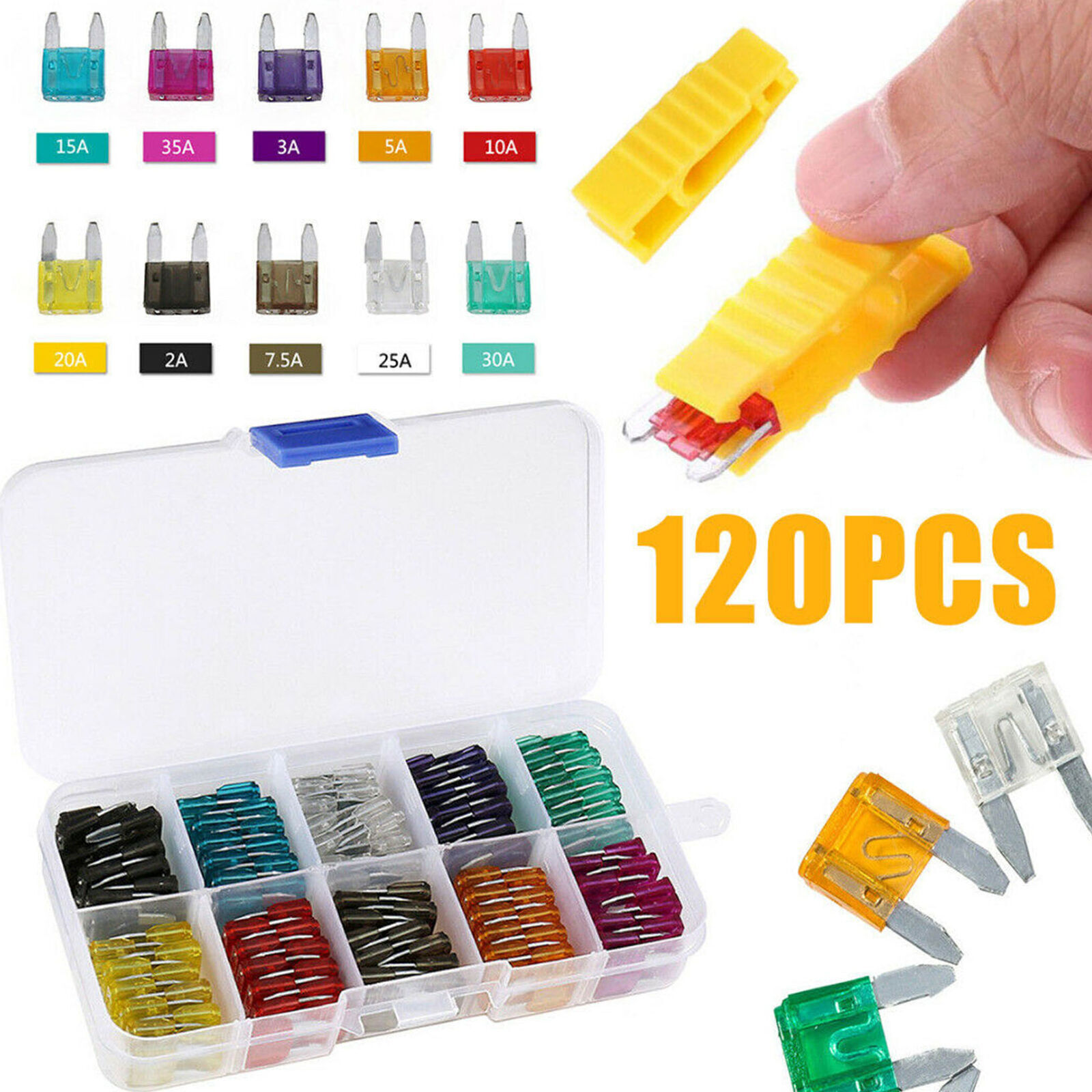 120x Mini Blade Fuse Assortment Set Auto Car Fuses Assorted Kit 2-35A + Puller