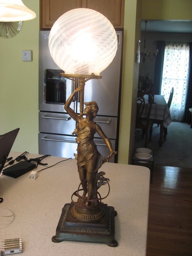 Antique Edward Miller Bronze Lady Table Lamp with Swirled Glass Shade about 24"T