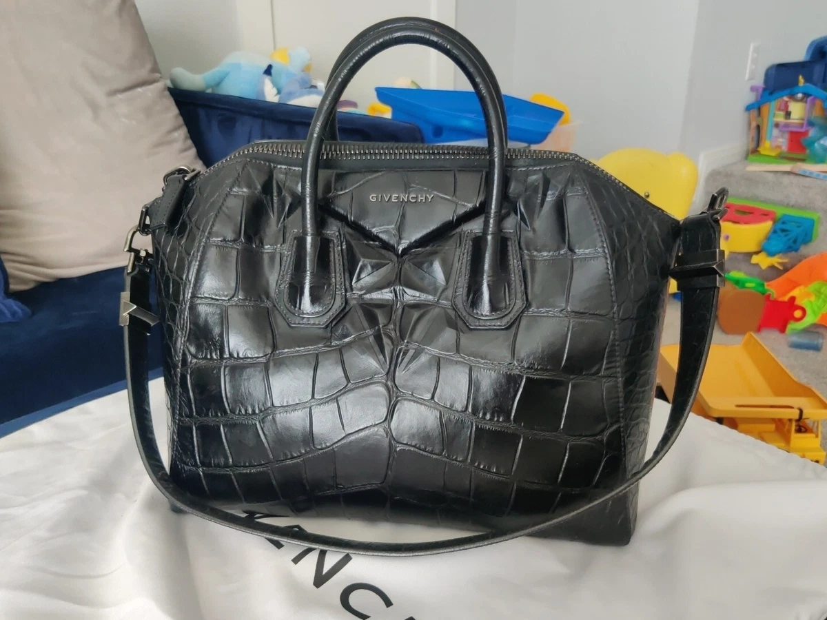 Authentic Givenchy Antigona Bag Black Croc Embossed Leather Medium Gunmetal Hard