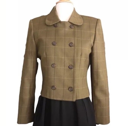 1980’s Olive Green Plaid Jacket, Structured Double Breasted Jacket, 4P, Small