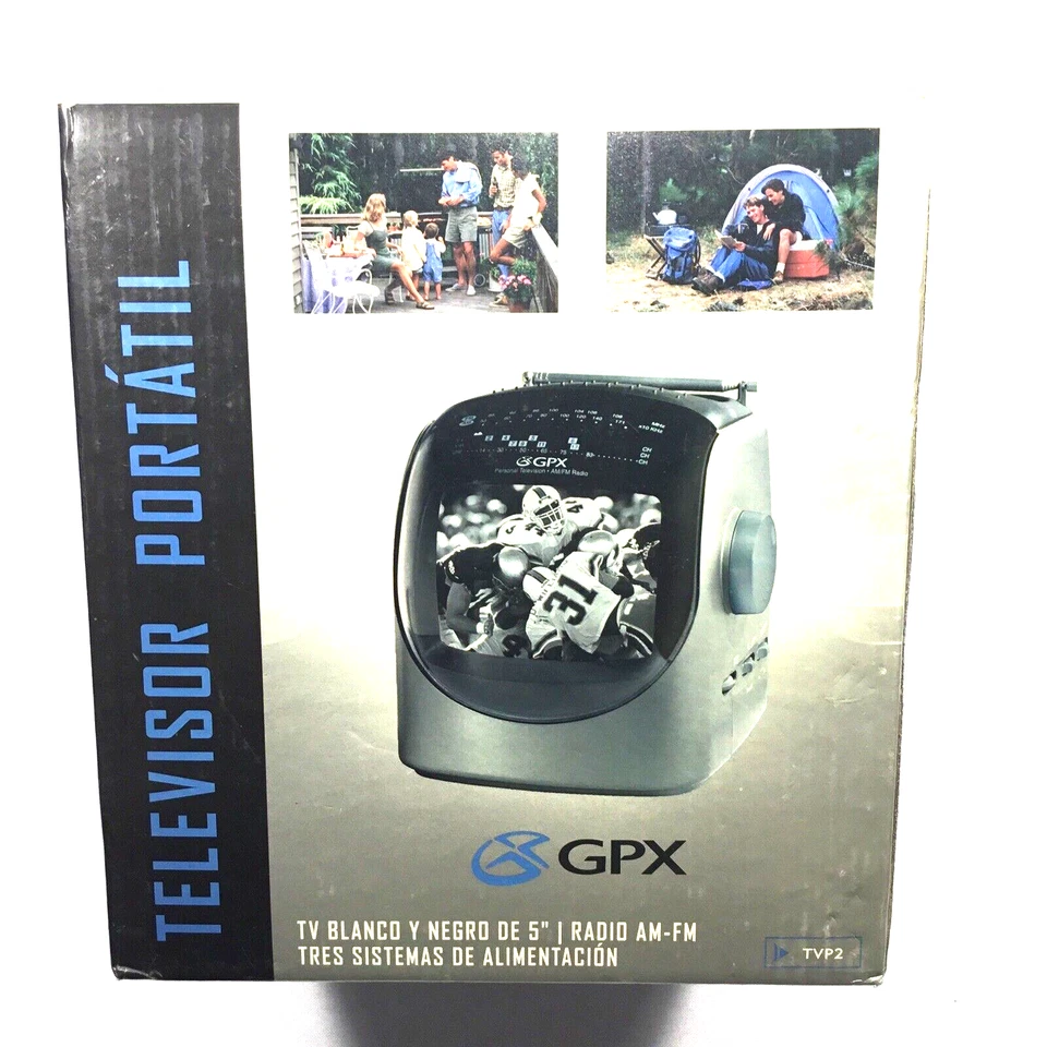 Vintage Black & White 5 1/2" GPX TVP2 Portable TV With AM FM Radio Gray - Image 2 of 4