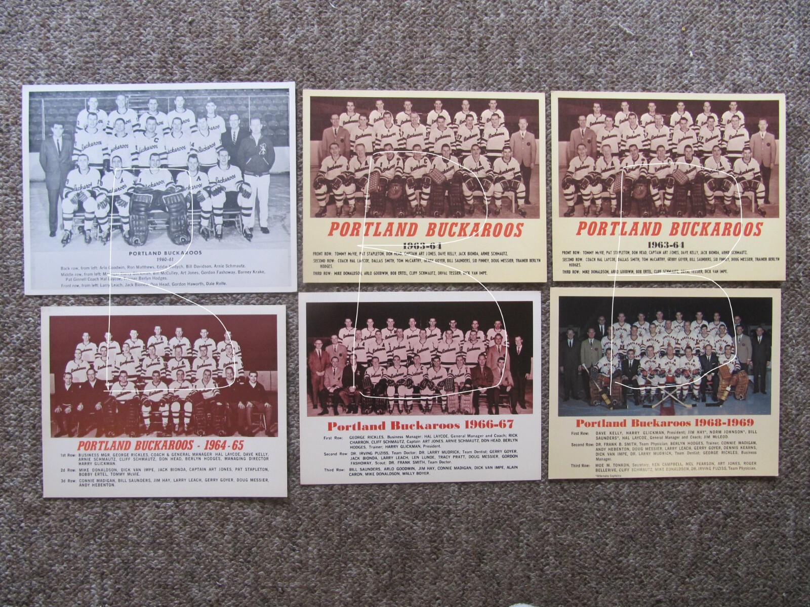 6 ORIGINAL Portland Buckaroos Team Photos 1960/61 to 1968/69. Plus ...