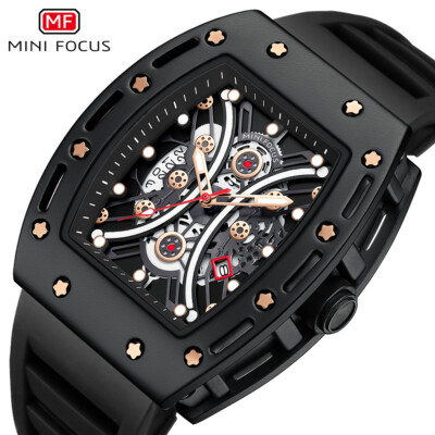 MINI FOCUS Men Sport Quartz Watch Silicone Strap Rectangle Hollow Day Wristwatch