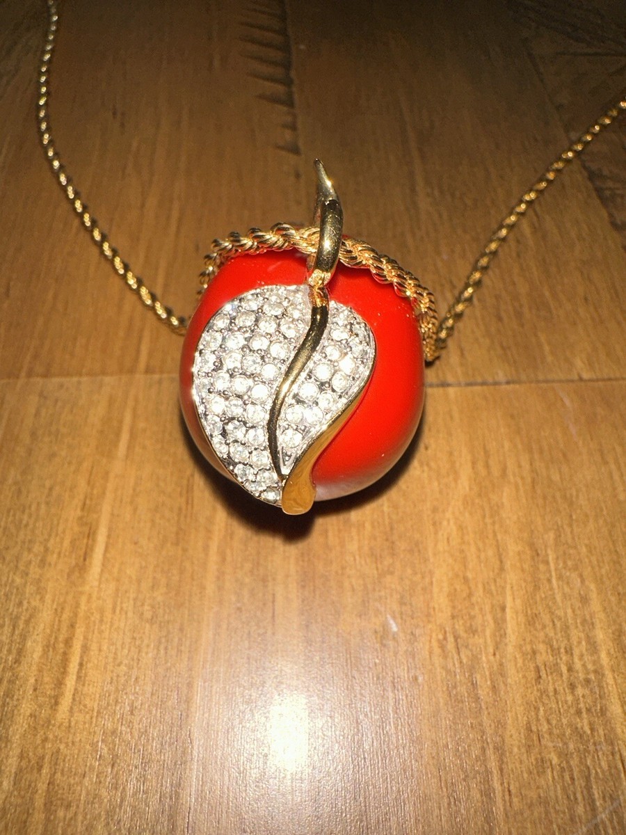 Kenneth Jay Lane, Red Apple Necklace, Clear Rhinestones, Stamped