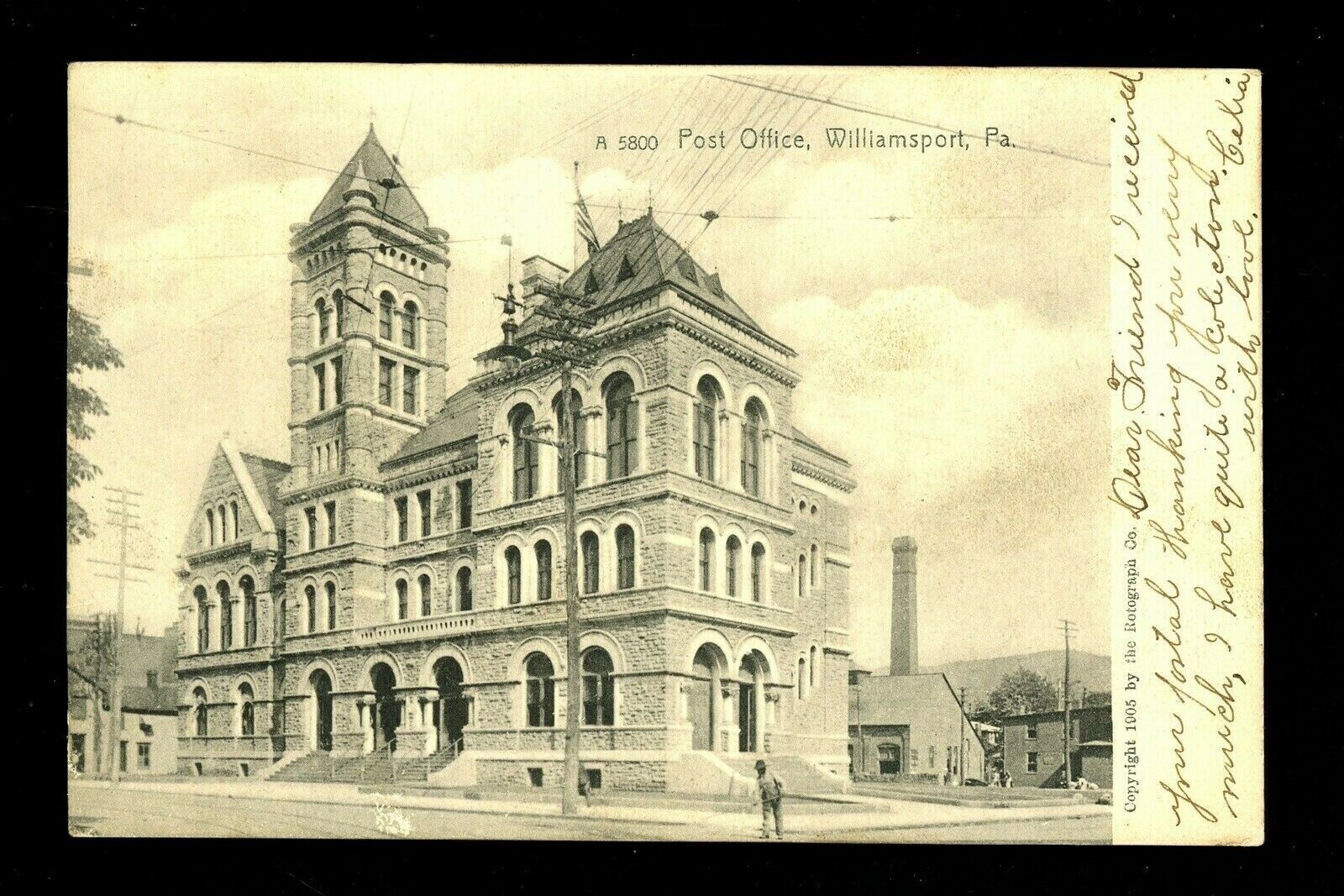 Pennsylvania PA postcard Williamsport, Post Office Vintage Rotograph