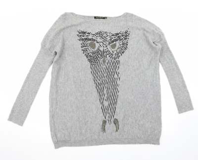 QED London Damen Pullover grau U-Boot-Ausschnitt Acrylmischung Größe S - Pailletten Eule