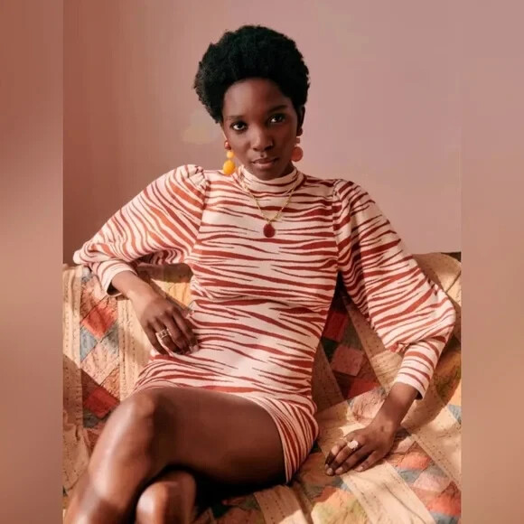 Sezane Beth Zebra Print Knit Balloon Sleeve Mini Sweater Dress