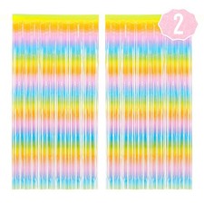 Rainbow Pastel Fringe Foil Curtain Set of 2 for Bachelorette Pride Backdrop
