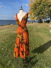 Rose by Paruay Boho Midi Dress Red Orange Whispy Leaves Tassel Belt