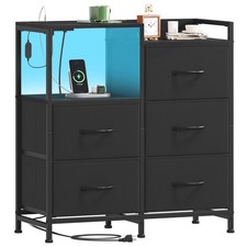 Nightstand Black 5 Drawers Charging Station LED Light Fabric Bins Open Shelf