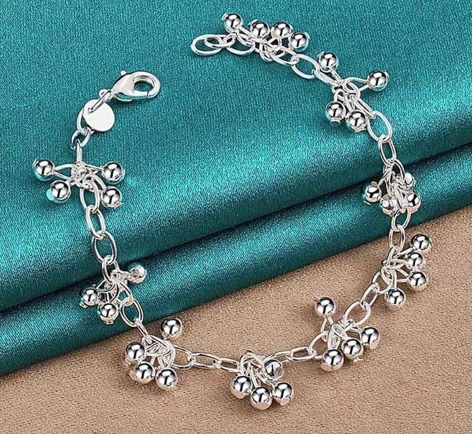 Dainty Chain Charm 925 Sterling Silver Beaded Bracelet for Women - Jewelry Gift
