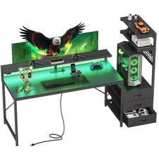 61.7" Gaming Desk with LED Lights & Outlets Computer Desk with 3 Fabric Drawers