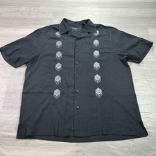 Nat Nast Shirt Mens Large Black Silk Embroidered Geometric Camp Button Bowling