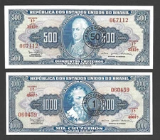 Brazil Banknote 50 Cent & 1 Cruzeiro on 500 & 1000 Cruzeiros 1967 P. 186 P. 187b