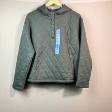 Lands End Womens Quilted Pullover Hoodie Snap Neck Light Blue Gray Large NWT