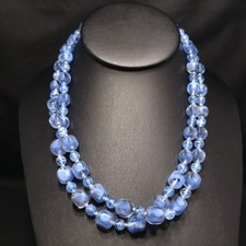 Vintage 1950s Blue Glass Beaded Necklace Double Strand Square Round Beads 18"