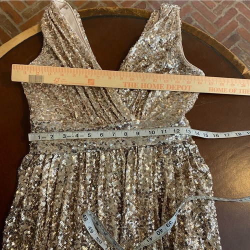 Badgley Mischka Gold Glitz Gown Gold Silver Sequin Pleated Ruched Formal Maxi 12 - Picture 5 of 7