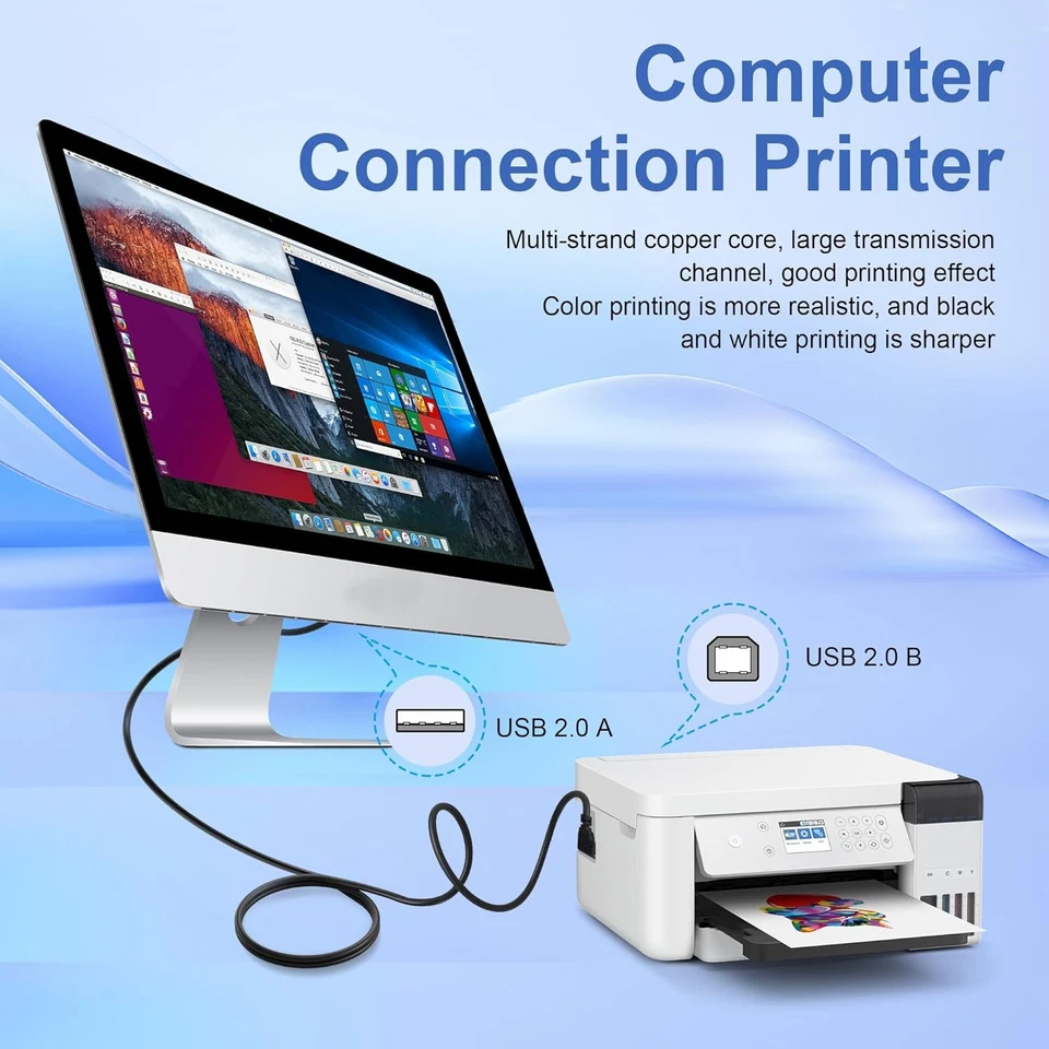 USB Cable Printer High Speed 90 Degrees USB 2.0 A Male to B Male Lead 0.3m - 5m - Image 2 of 4