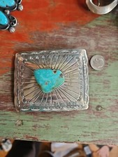 Native American Indian Turquoise Pretty Sterling Silver Stamped Belt Buckle