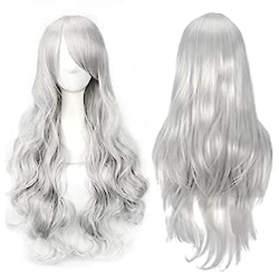 LANGE GRAUE PERÜCKE FRANSEN PONY WELLIG GERADE PLATINBLOND GRAU REIFE KÖNIGIN