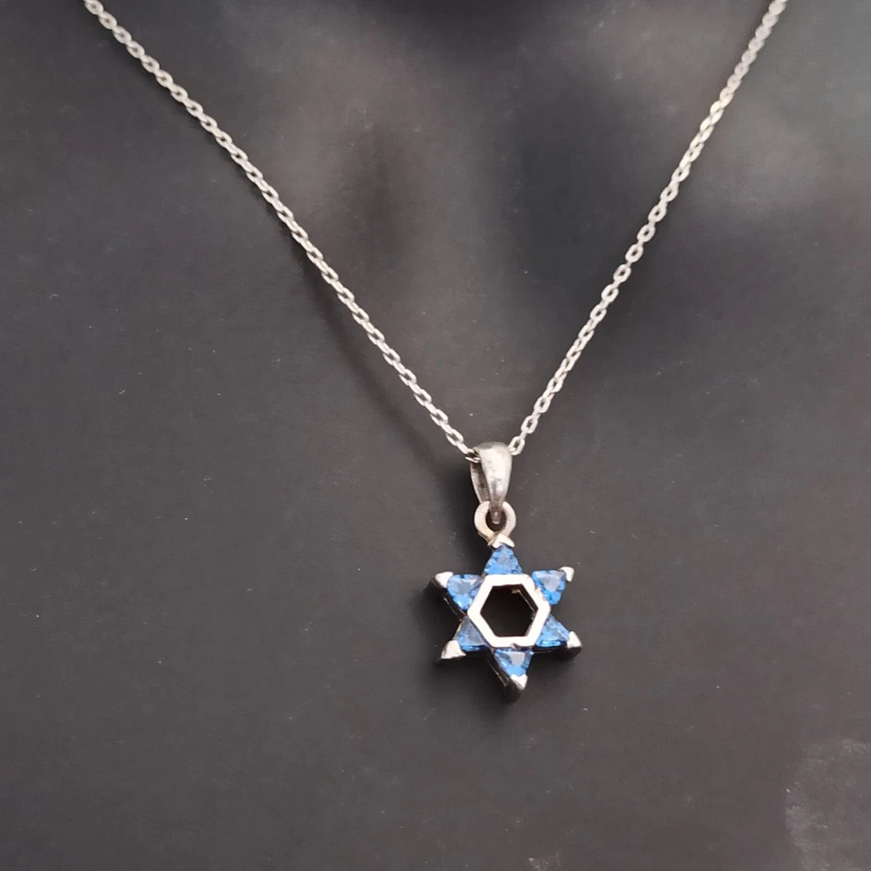 Colar de Prata Azul Estrela de David Cristal Israel 925 Masculino Feminino Presente Vintage - Imagem 2 de 4