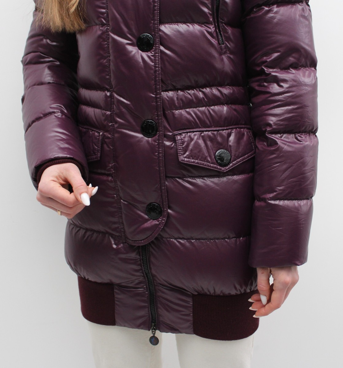Women's MONCLER Quilted Long Down Puffer Jacket Coat Fur Trim Size