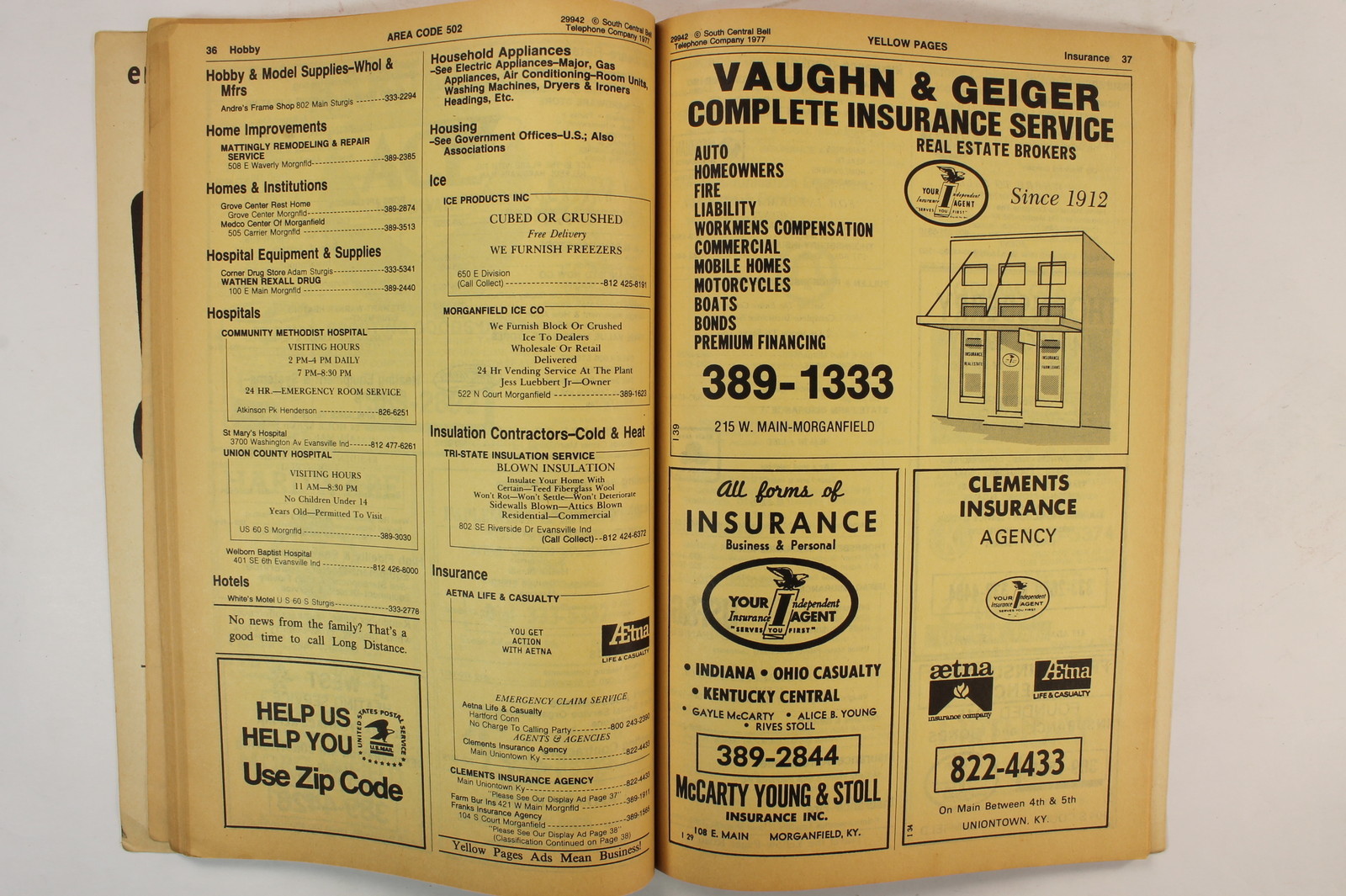 Union County, KY 1977 Kentucky Phone Book Sturgis Waverly