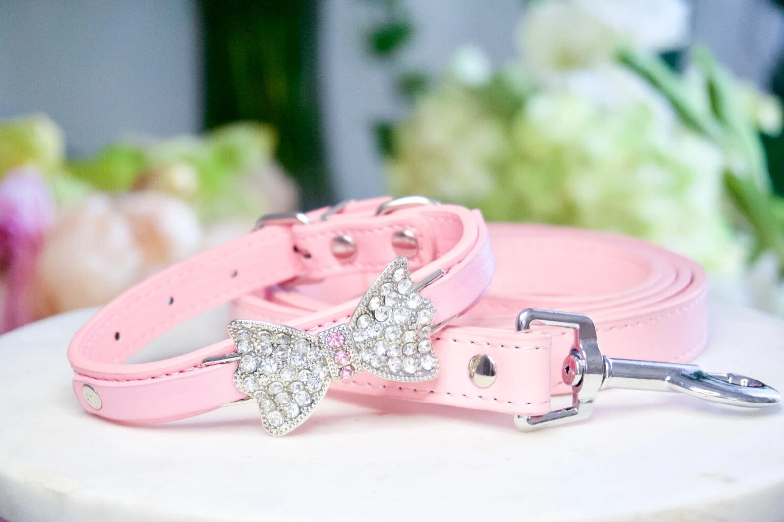 LUXURY 2 Piece Matte Pink & Silver Rhinestone Dog Collar & Leash Enchanted Pets