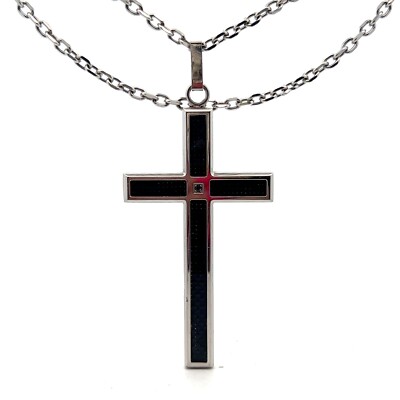 Stainless Steel Black Carbon Fiber Large Cross Diamond Pendant