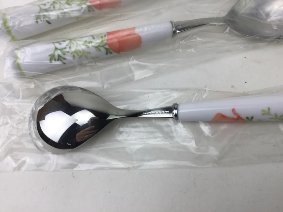 NEW Noritake BRIGHT SIDE 18/8 Stainless Peach Poppy Flower Flatware 4 Soup Spoon - Image 3 of 3