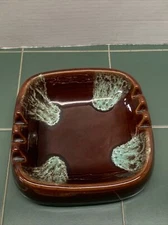 VTG Mid Century Ceramic Retro ASHTRAY Square Brown Drip Glaze USA 3580