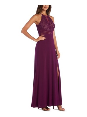 MORGAN & CO Womens Slitted Mesh Sleeveless Halter Full-Length Formal Dress