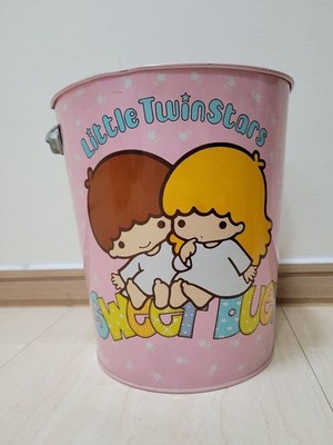 Sanrio Kiki Lala Tin Can Trash Bin Vintage Showa Era  Pink Yellow Handle