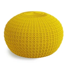 Sonata Boho Round Knitted Outdoor/ Indoor Pouf in Yellow Recycled PET Polyest...