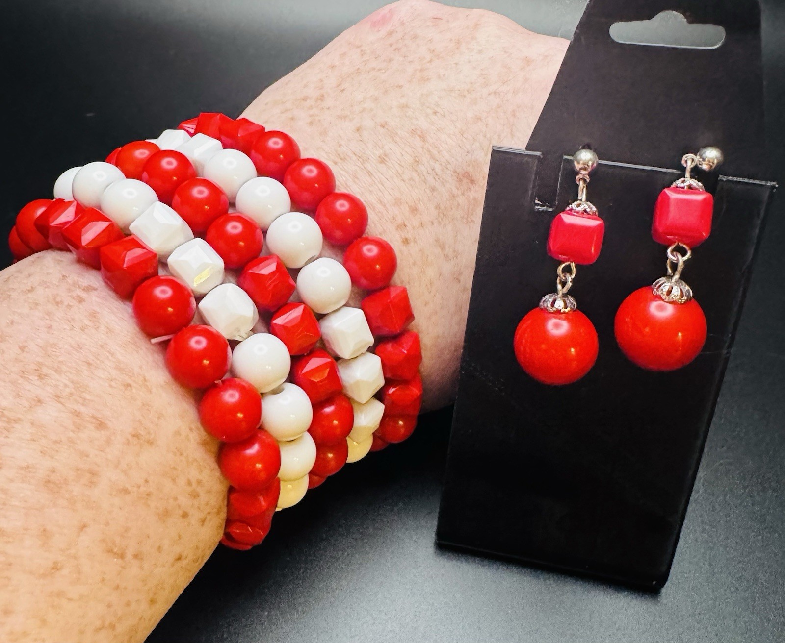 Handmade Red White Beaded Bracelet Stack & Earrin… - image 3