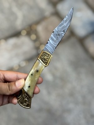 CUSTOM HAND FORGED DAMASCUS STEEL POCKET KNIFE With Camel Bone Handle