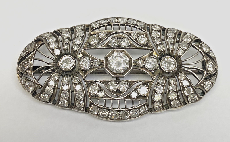 Vintage Art Deco 1940s 925 Sterling Silver Diamond Brooch Aprx 2.50 CTW 6.1g