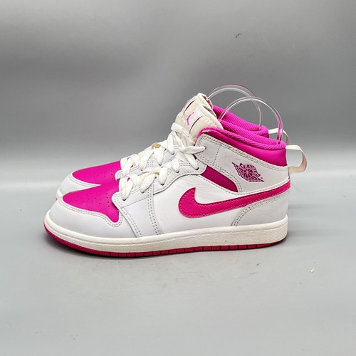 Nike Shoes Youth Girls 3 Pink White Leather Air Jordan 1 Mid Basketball Sneakers - Picture 4 of 11