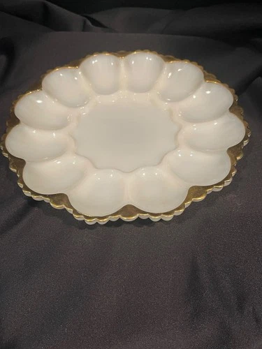 Vintage Anchor Hocking Milk Glass With Gold Trim Deviled Egg Tray Dish